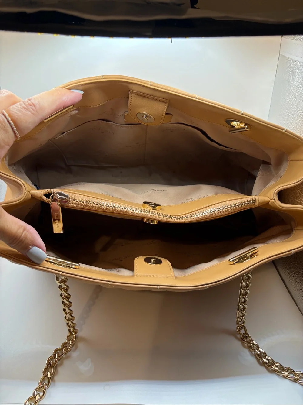 kate spade Quilted Tan Leather Shoulder Bag with Gold Chain